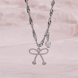 925 Silver Bow Necklace Sparkling Water Wave Chain Jewelry