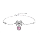 925 Silver Bow Pink Zircon Heart Charm Bracelets Platinum Plated