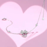 925 Silver Bow Pink Zircon Heart Charm Bracelets Platinum Plated