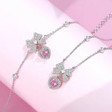 925 Silver Bow Pink Zircon Heart Charm Bracelets Platinum Plated