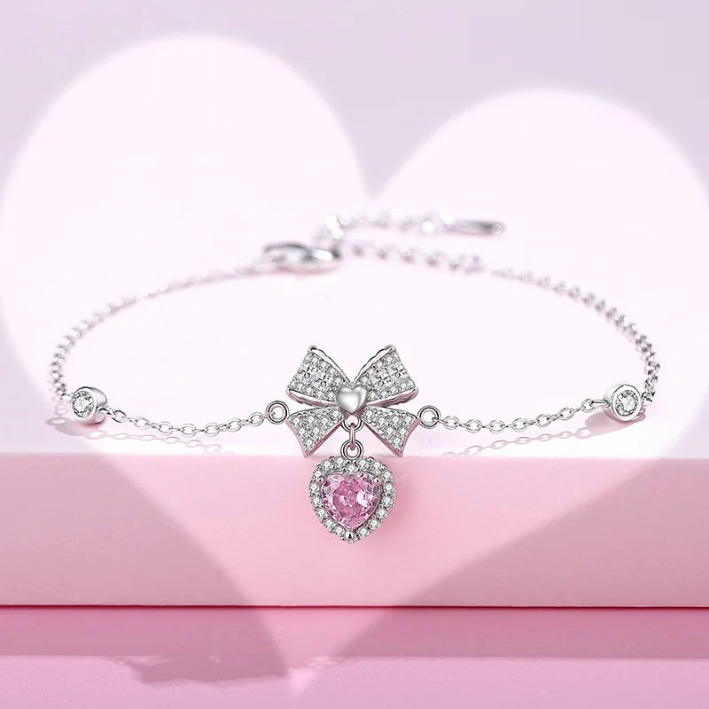 925 Silver Bow Pink Zircon Heart Charm Bracelets Platinum Plated