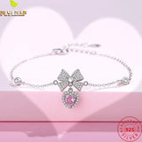 925 Silver Bow Pink Zircon Heart Charm Bracelets Platinum Plated