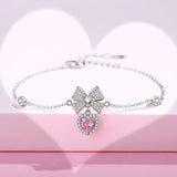 925 Silver Bow Pink Zircon Heart Charm Bracelets Platinum Plated