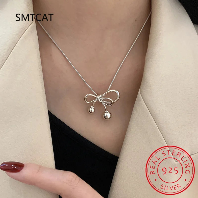 925 Silver Bow-knot Pendant Sweater Necklace Women Girl Clavicle Chain Charm