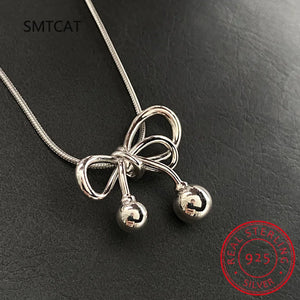 925 Silver Bow-knot Pendant Sweater Necklace Women Girl Clavicle Chain Charm