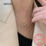 925 Silver Bow-knot Pendant Sweater Necklace Women Girl Clavicle Chain Charm