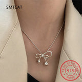 925 Silver Bow-knot Pendant Sweater Necklace Women Girl Clavicle Chain Charm
