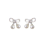 925 Silver Bowknot Pearl Stud Earrings for Women Classic Hollow Earring