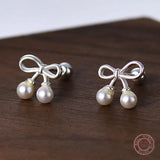 925 Silver Bowknot Pearl Stud Earrings for Women Classic Hollow Earring