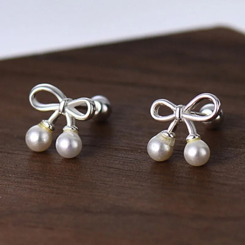 925 Silver Bowknot Pearl Stud Earrings for Women Classic Hollow Earring