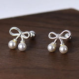 925 Silver Bowknot Pearl Stud Earrings for Women Classic Hollow Earring
