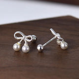 925 Silver Bowknot Pearl Stud Earrings for Women Classic Hollow Earring
