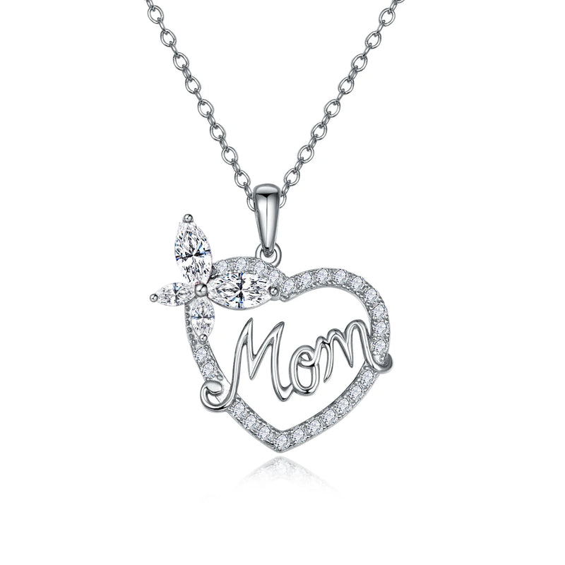 925 Silver Bowknot Mom Heart Zircon Pendant Necklace