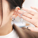 925 Silver Bowknot Tassel Earrings CZ Studs Wedding Gift