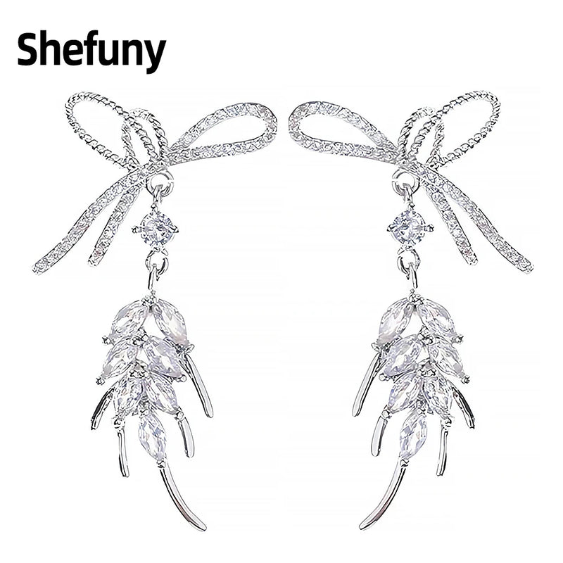925 Silver Bowknot Tassel Earrings CZ Studs Wedding Gift