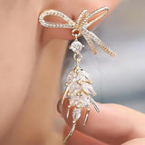 925 Silver Bowknot Tassel Earrings CZ Studs Wedding Gift