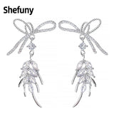925 Silver Bowknot Tassel Earrings CZ Studs Wedding Gift