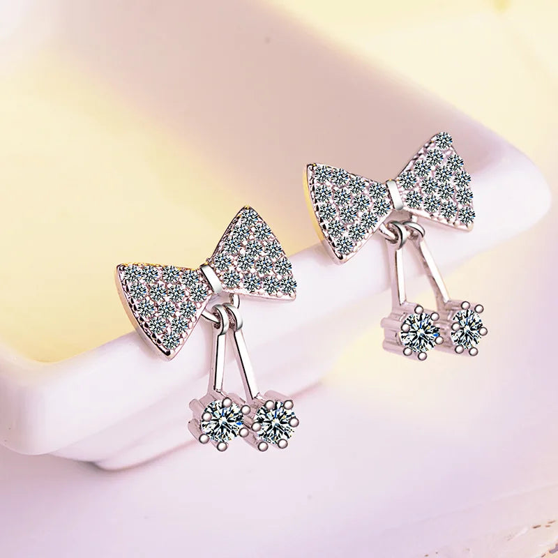 925 Silver Bow Zircon Stud Earrings Jewelry Women