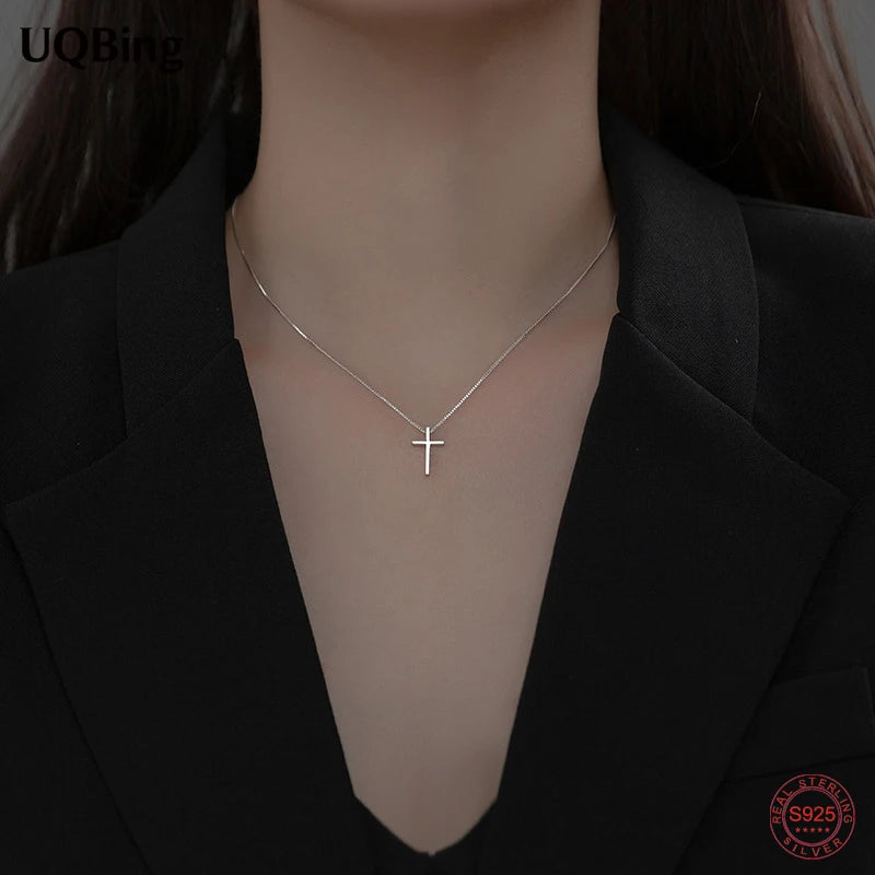 925 Silver Box Chain Glossy Cross Pendant Necklaces For Women