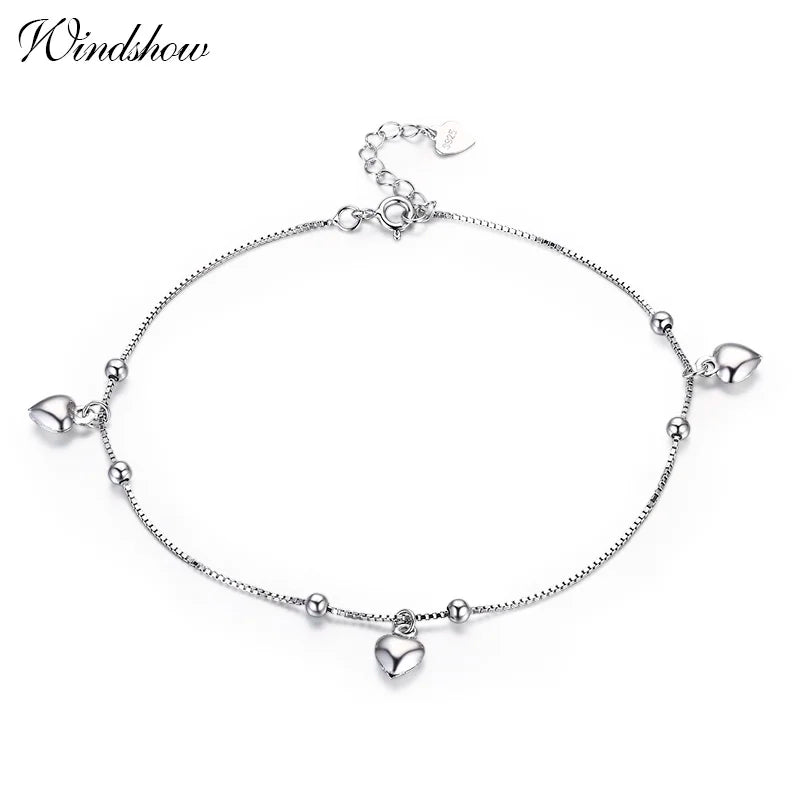 925 Silver Box Chain Peach Heart Charms Anklet for Women