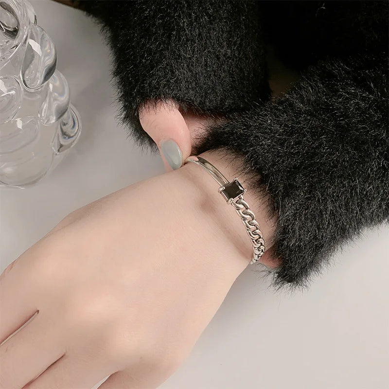 925 Silver Bangle Geometric Punk Chain Bracelet for Women