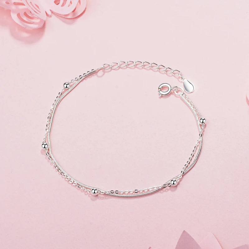 925 Sterling Silver Bracelet Double Layer Beads Chain Linked For Women