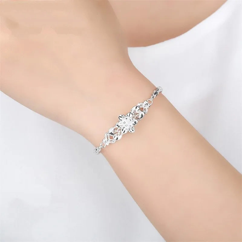 925 Silver Flower Chain Bracelet Wedding Party Ladies Gift