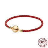 925 Silver Red Hair Leather Couple Bracelet with Charm Beads