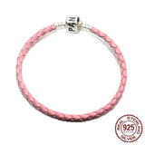925 Silver Red Leather Couple Bracelet DIY Jewelry Gift