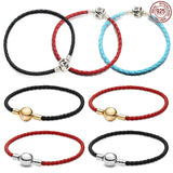925 Silver Red Leather Couple Bracelet DIY Jewelry Gift