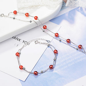 925 Silver Red Garnet Stone Double Layer Beads Chain Bracelet for Women