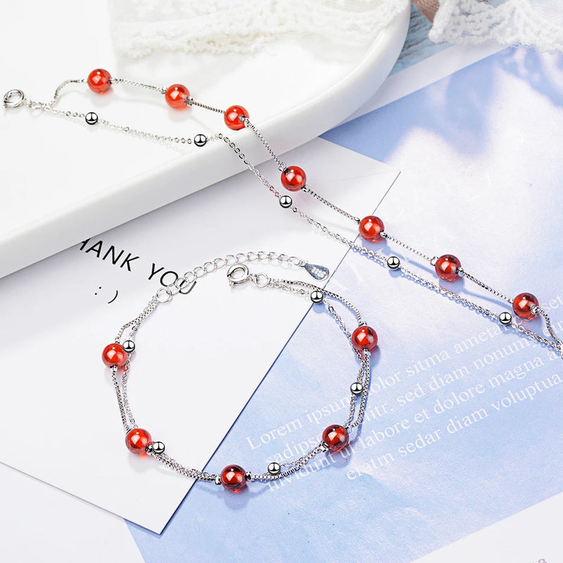 925 Silver Red Garnet Stone Double Layer Beads Chain Bracelet for Women