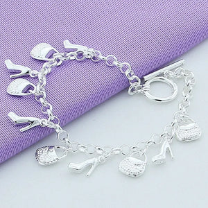 925 Sterling Silver Bracelet Shoe Bag Pendant Woman Charm Jewelry