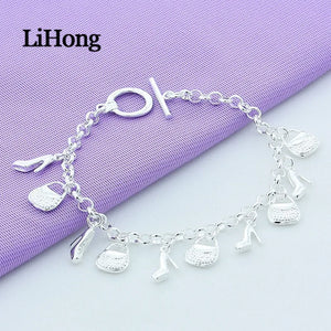 925 Sterling Silver Bracelet Shoe Bag Pendant Woman Charm Jewelry
