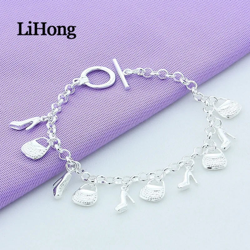 925 Sterling Silver Bracelet Shoe Bag Pendant Woman Charm Jewelry