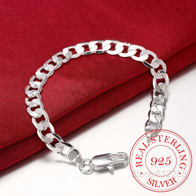 925 Silver Bracelet 8MM Flat Male Chain Bracelet 8 Inch