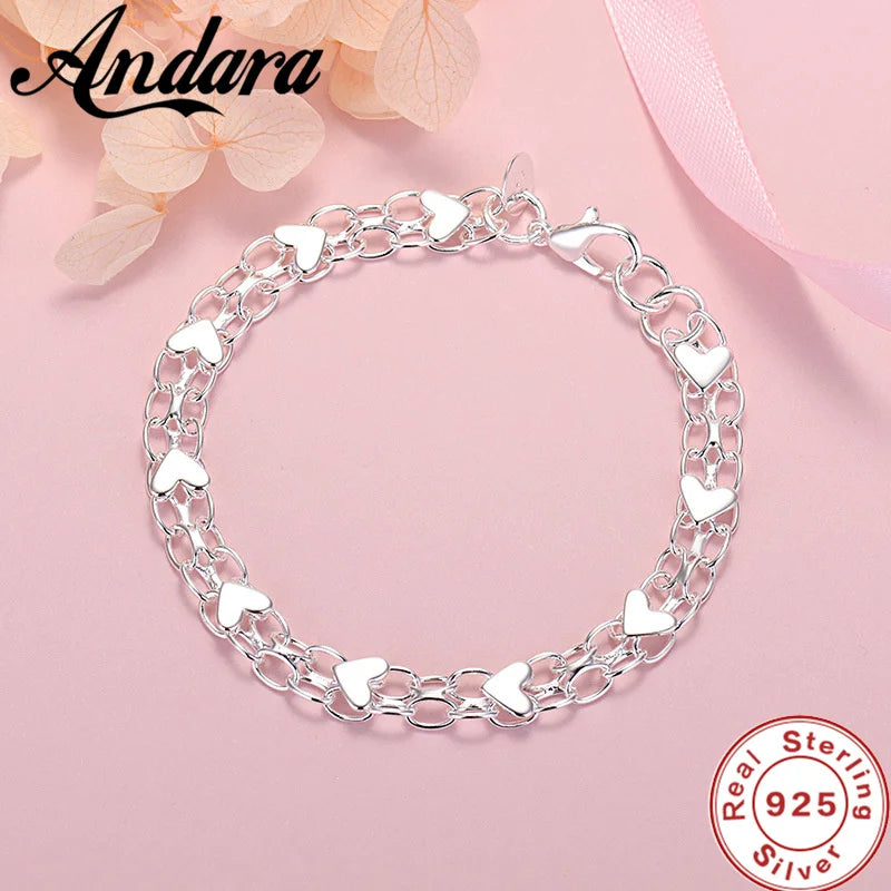 925 Silver Heart Charm Bracelet for Women