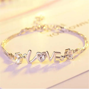 925 Silver Bracelet Heart Love CZ Double Chain Linked Women Charm Bangle