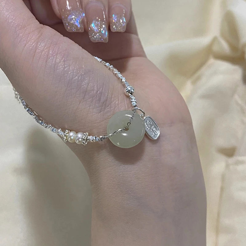 925 Silver Bracelet Jade Happiness Safe Good Wish Chinese Word Bamboo
