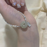 925 Silver Bracelet Jade Happiness Safe Good Wish Chinese Word Bamboo