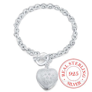 925 Silver Crystal Heart Charm Bracelet Chains Men Women Jewelry Gift