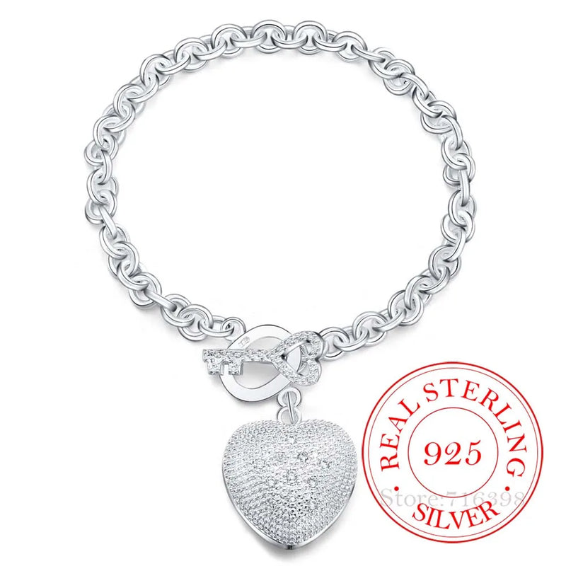 925 Silver Crystal Heart Charm Bracelet Chains Men Women Jewelry Gift