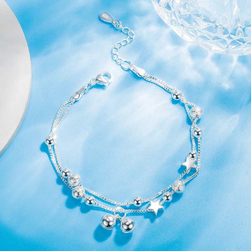 925 Silver Bracelet Double Layer Star Bells Hand Jewelry Woman Charm Gift