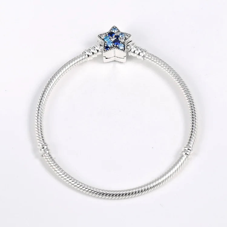 925 Sterling Silver Bracelet Bright Star Clasp Snake Chain Bangle
