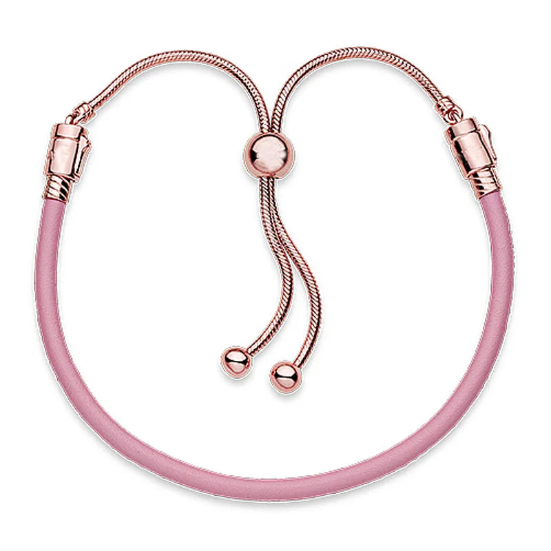 925 Silver Pink & Leather Adjustable Bracelet Bangle