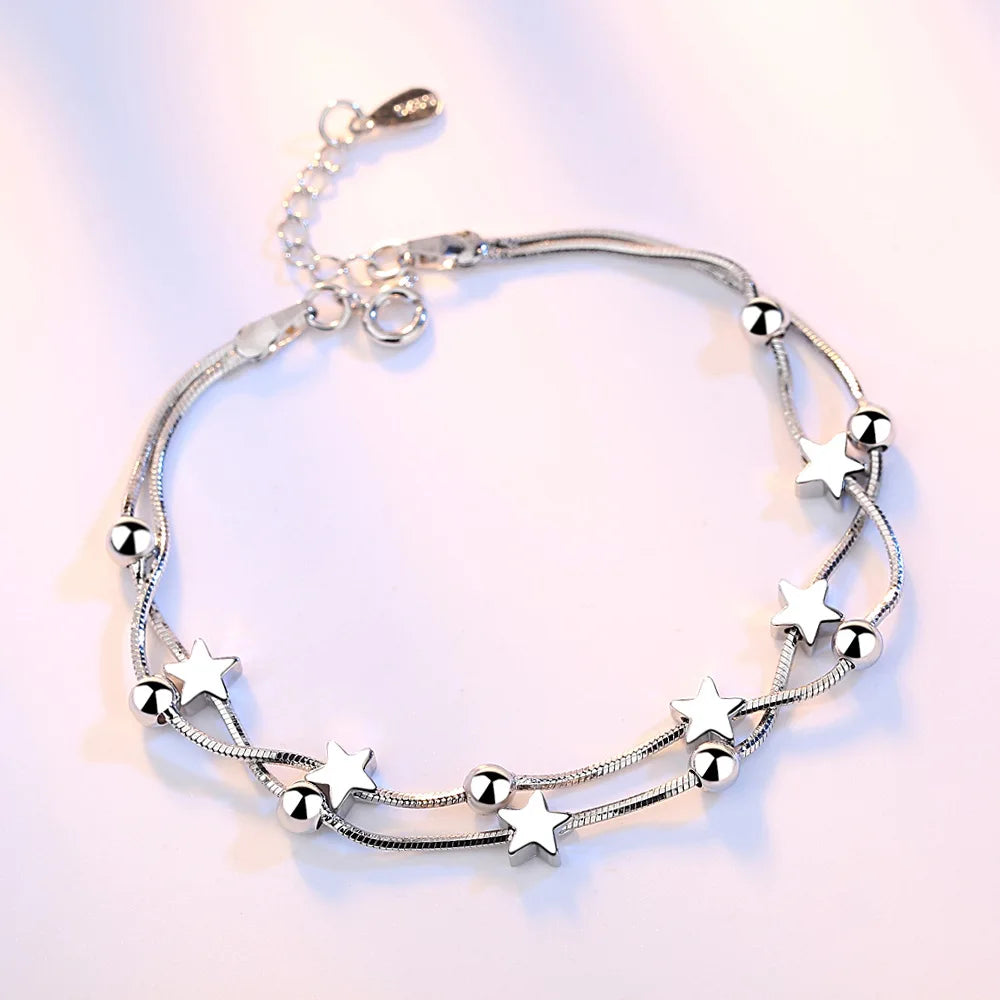 925 Silver Pentagram Square Bead Bracelet Wedding Jewelry