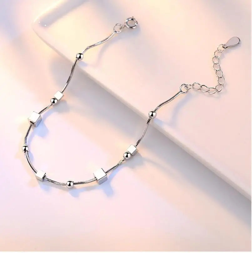 925 Silver Pentagram Square Sugar Ball Bead Bracelet