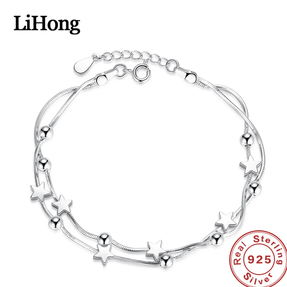 925 Silver Pentagram Square Bead Bracelet - Wedding Charm Jewelry
