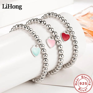 925 Silver Bracelet Round Beads Heart Enamel Charm Jewelry