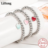 925 Silver Bracelet Round Beads Heart Enamel Charm Jewelry